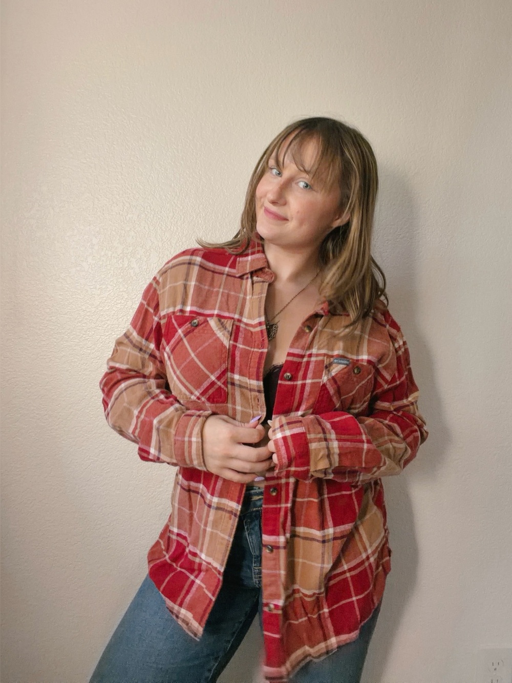 Columbia Red and Orange Button Up Flannel Shirt